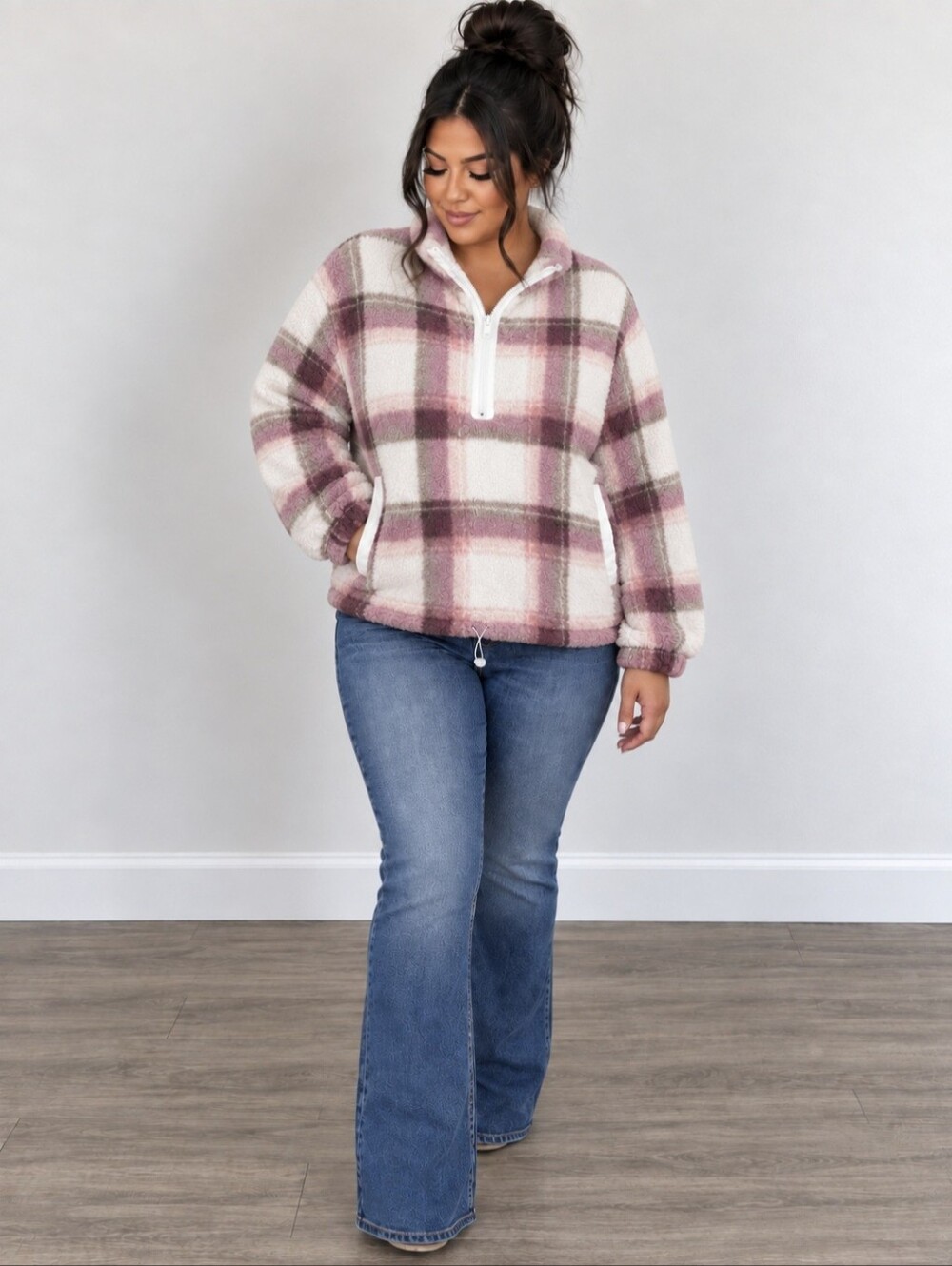 Plus Size 16/18 Pink Plaid Sherpa Fleece Quarter Zip Pullover